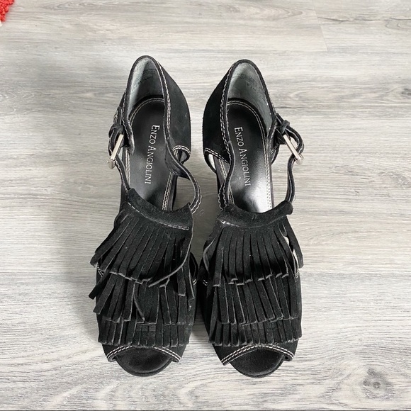 Enzo Angiolini Black Suede Fringe Wedges Shoes - Picture 14 of 16